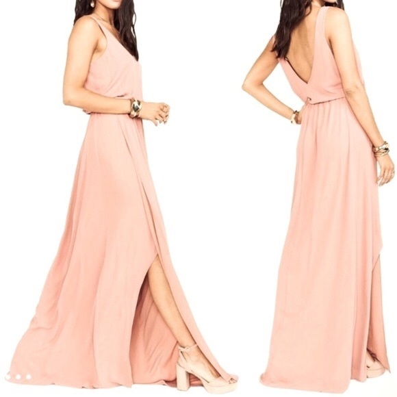 NEW Show Me Your MuMu V-neck Nude Pink Chiffon Side Slit Maxi Bridesmaids Dress - Picture 1 of 16
